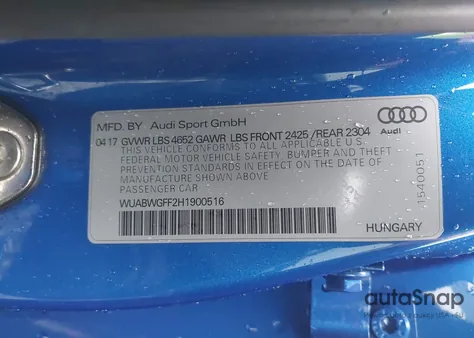 2017 Audi Rs 3 2.5T z USA, uszkodzony, nr VIN WUABWGFF2H1900516